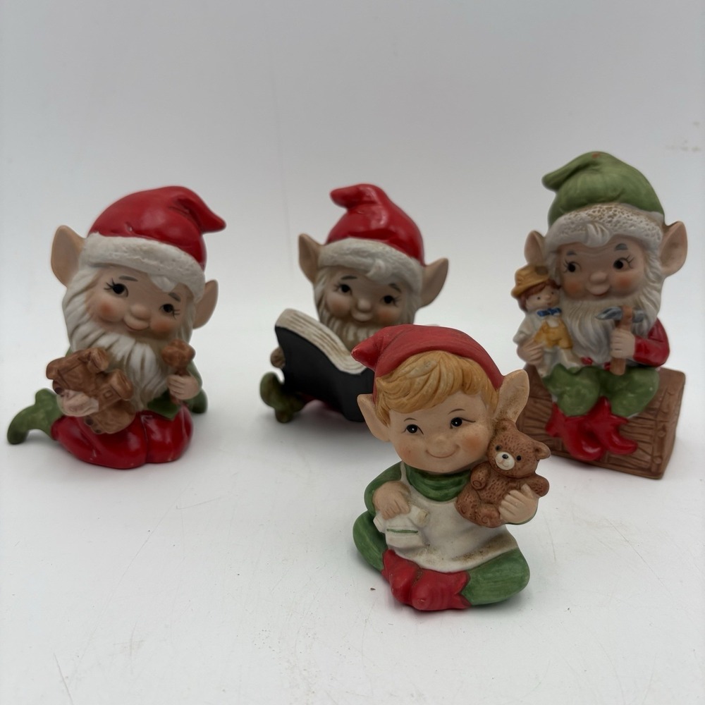 Vintage Christmas Elf Homco Set of 4 Elves Bisque‎ Porcelain Toymakers Taiwan